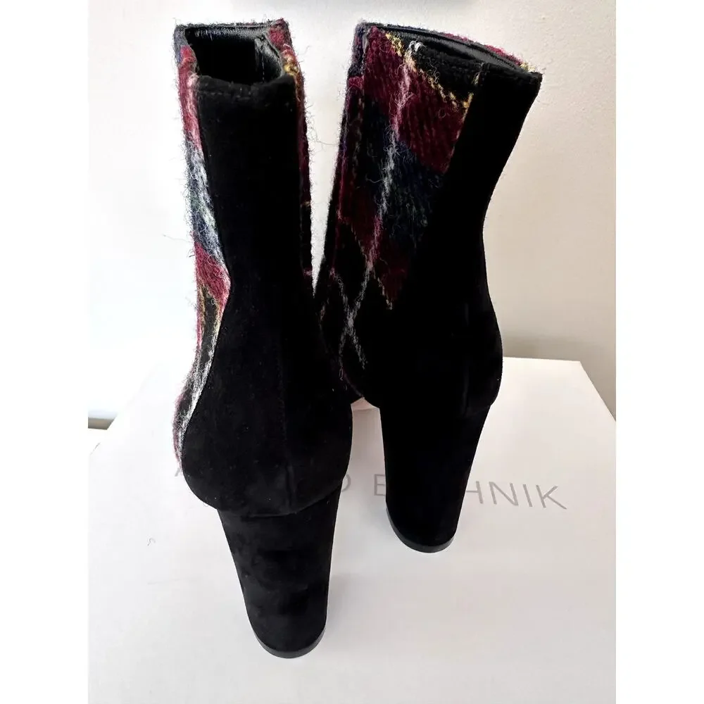 New Manolo Blahnik Boots Wool Plaid Multicolor Zipper Block Heel Size 37 Womens